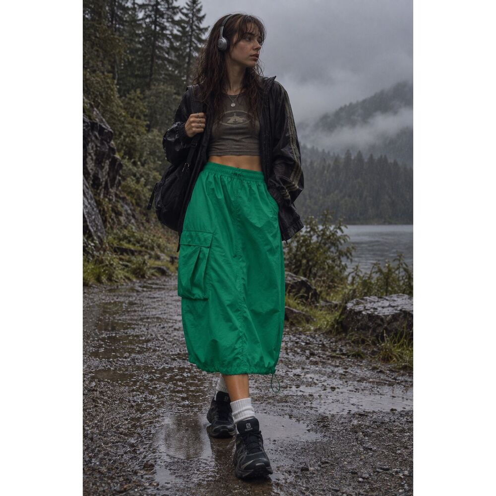 Love Tree Emerald Green Parachute Cargo Maxi Skirt Small Drawstring Y2K Gorpcore